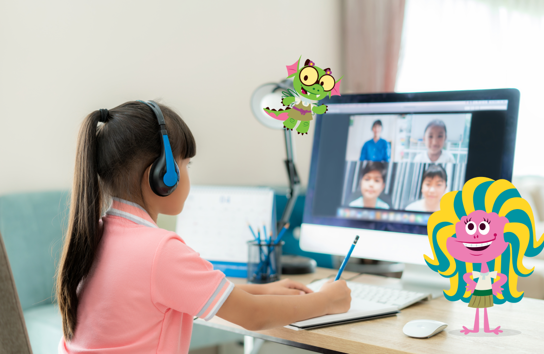 child participating in virtual classroom with beast academy characters