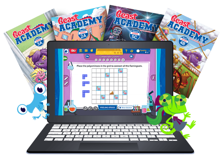 beast academy characters around a beast academy puzzle on a netbook with beast academy books fanned behind them