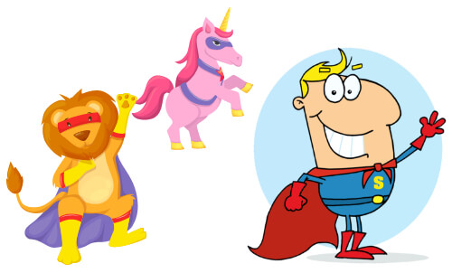 animal characters in costumes and super hero boy